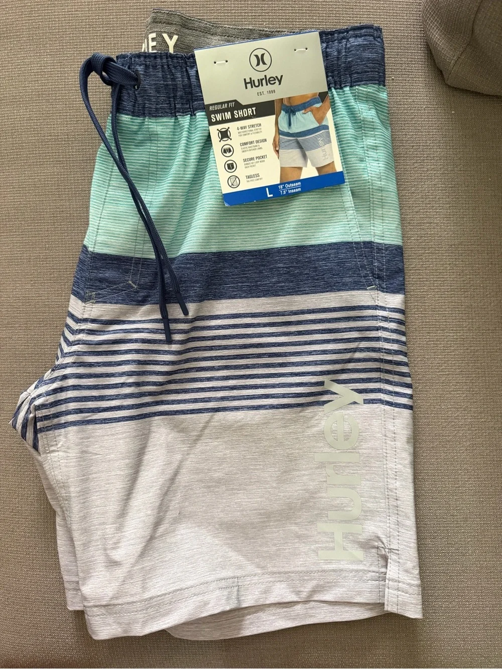 Hurley Men's Regular Fit Stretch Swim Shorts, Blue Stripe, Size L